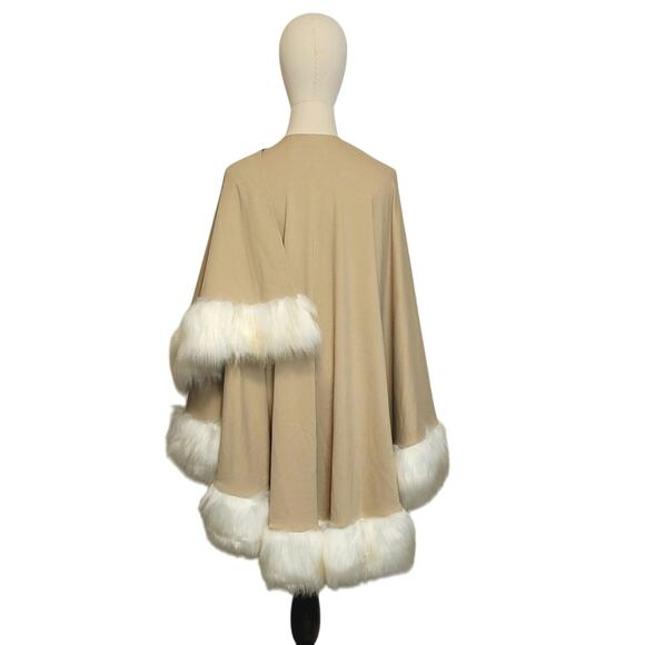 Donna Salyers Fabulous Furs Faux Fur Trim Tan Knit Open Cape Poncho Shawl OS - Picture 4 of 10